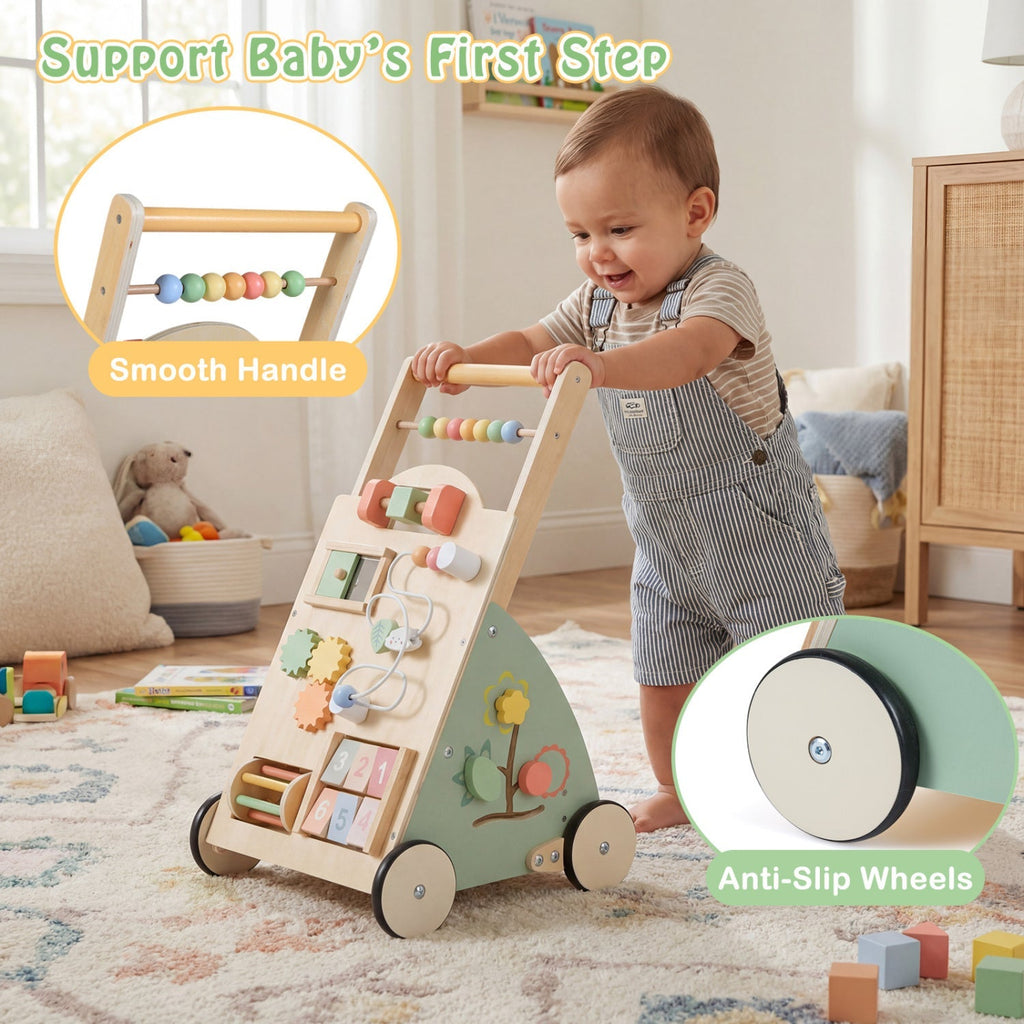 Wooden Baby Walker with Wheels and Storage Basket