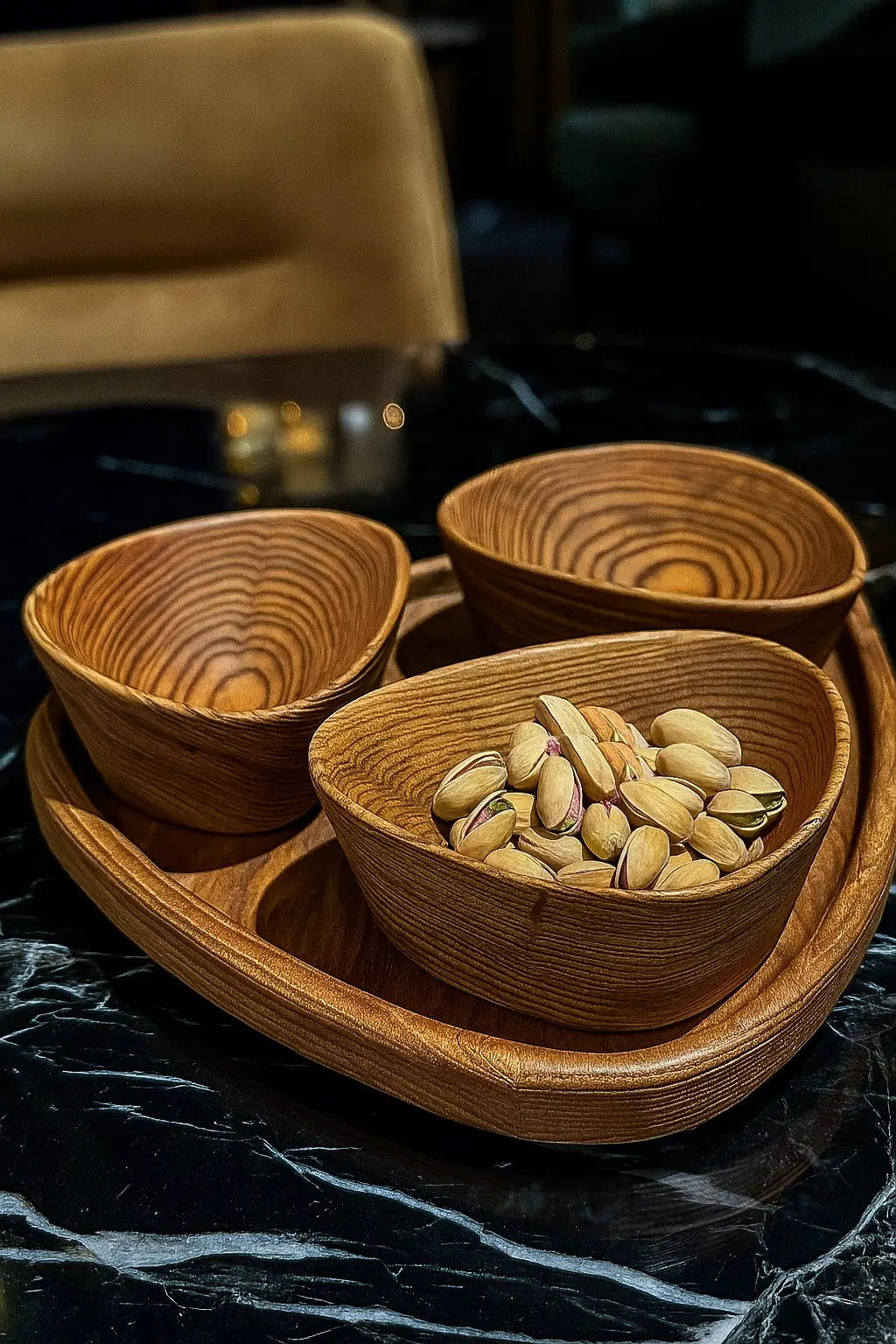 Handcrafted Luxury Wooden Nut Bowl Set with Tray
