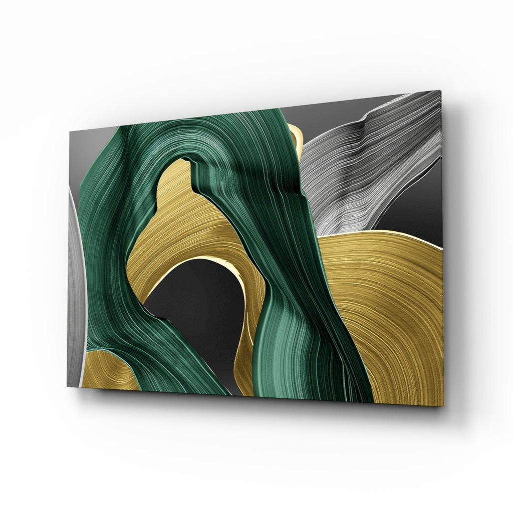 Elegant Swirls in Gold and Green Glass Wall Art