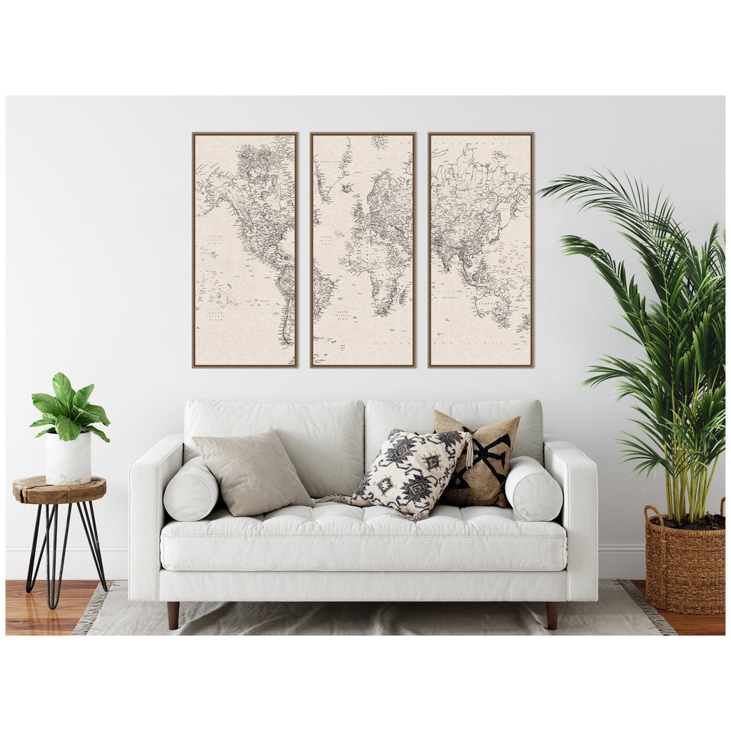 Vintage Black and White World Map Linen 3 Piece Framed Canvas Wall Art Set by The Creative Bunch Studio