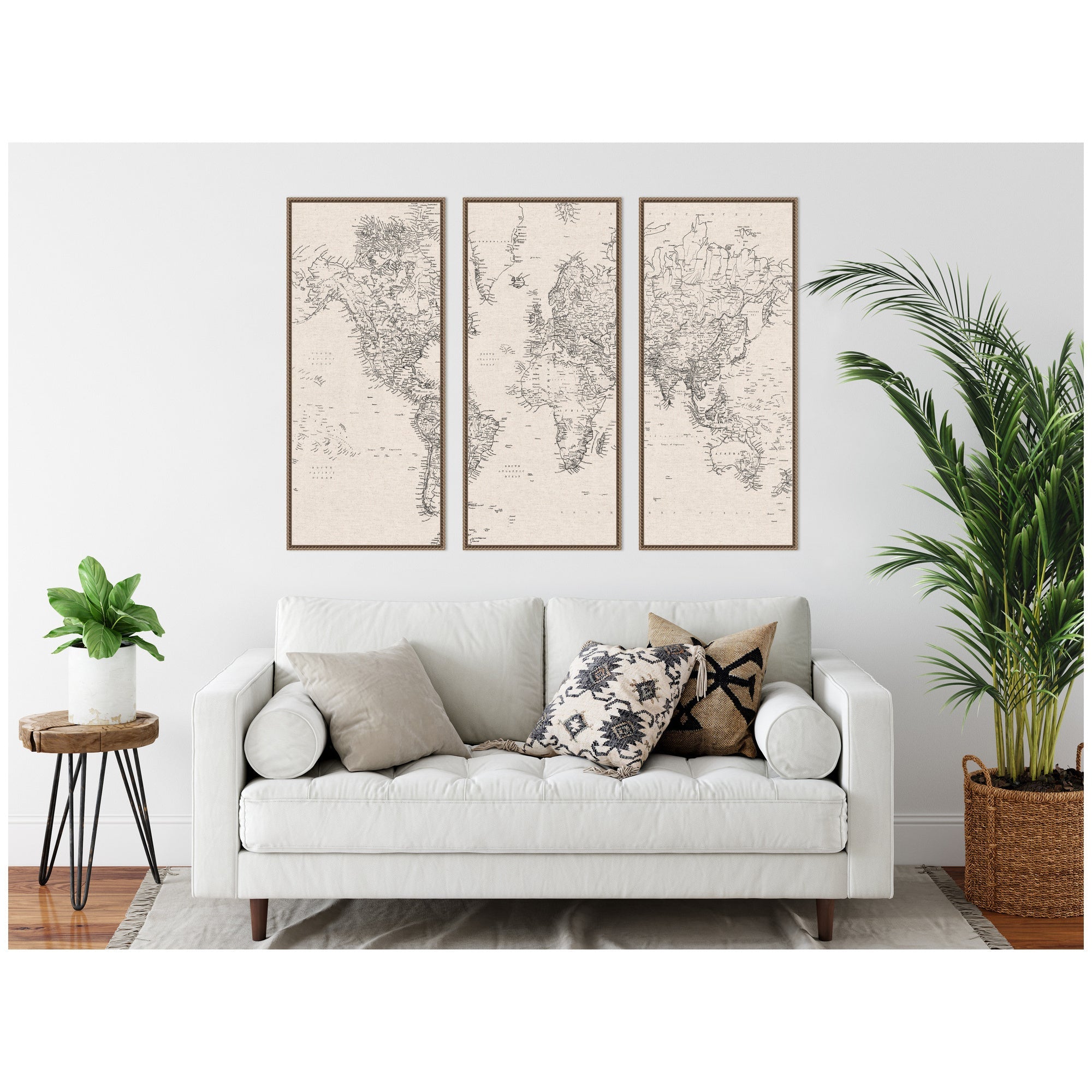 Vintage Black and White World Map Linen 3 Piece Framed Canvas Wall Art Set by The Creative Bunch Studio