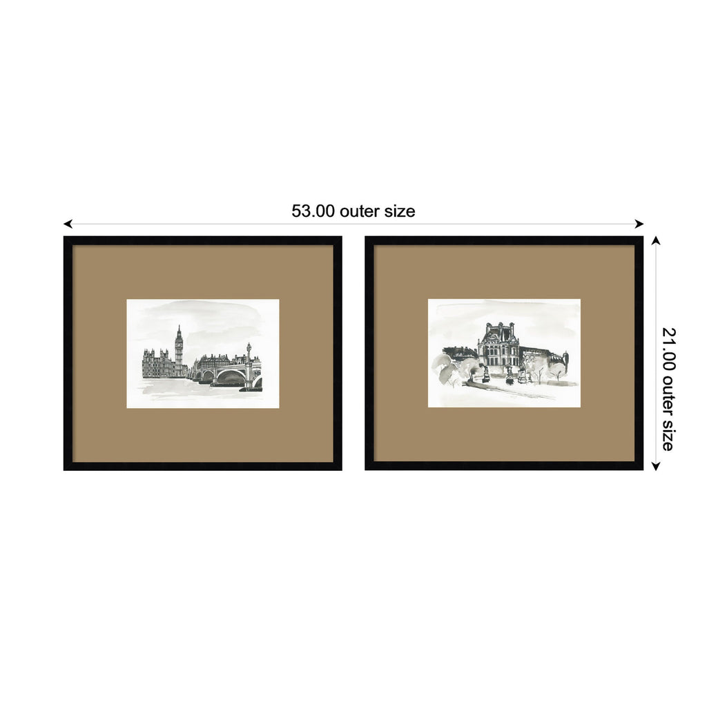 Vintage Postcard London & Paris 2 Piece Framed Wall Art Print Set by Teju Reval Brown Mat