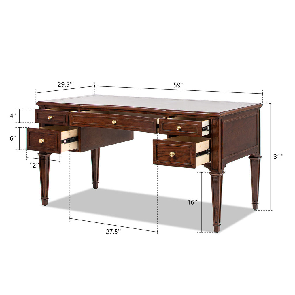Dauphin Five-Drawer Executive Desk — Dark Walnut & Gold