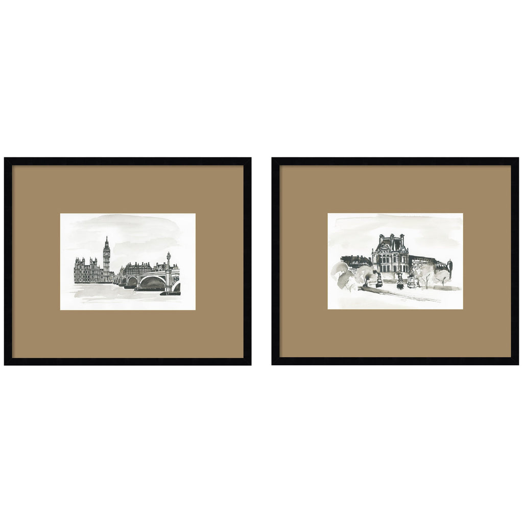 Vintage Postcard London & Paris 2 Piece Framed Wall Art Print Set by Teju Reval Brown Mat