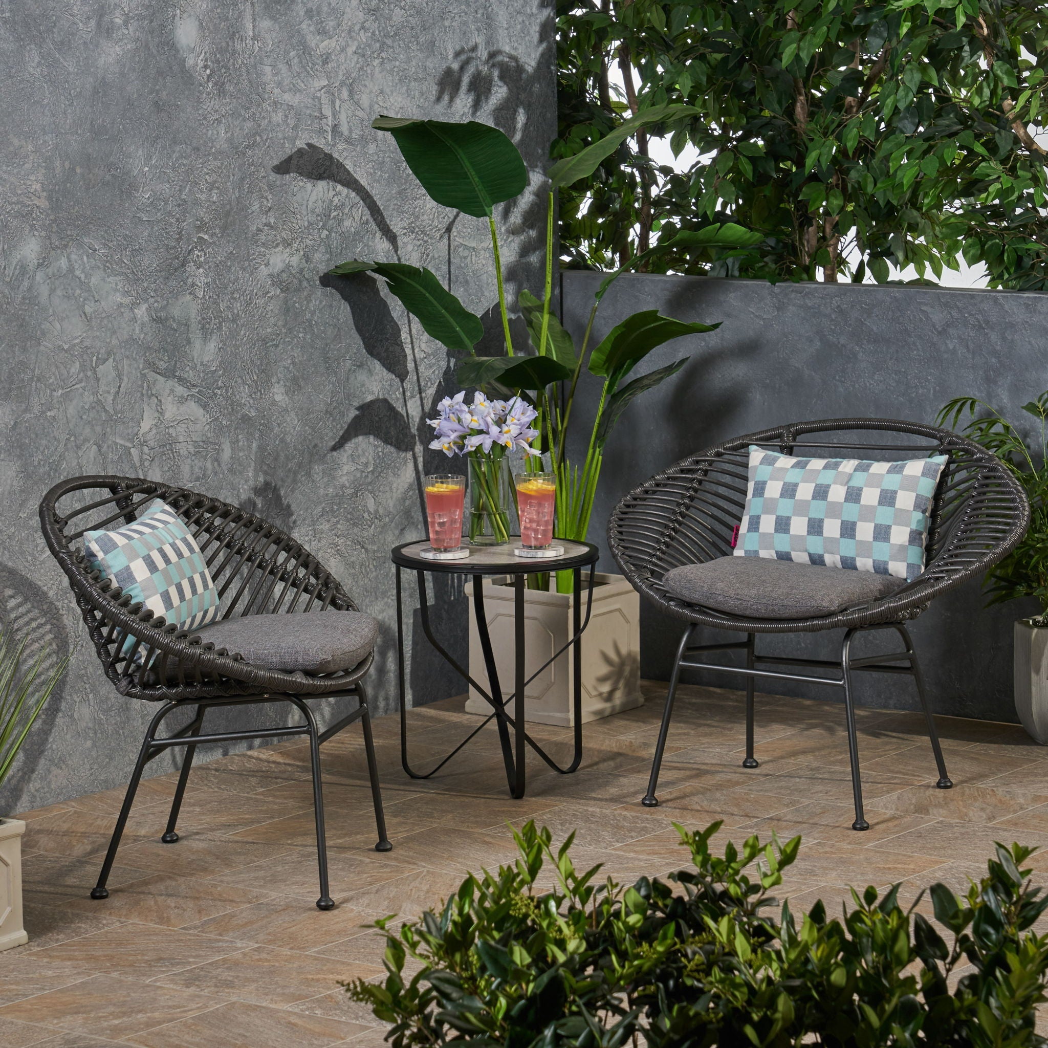 Cordella Outdoor Woven Wicker Chairs with Cushions, Set of 2