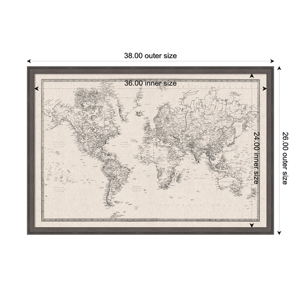 Framed Fabric Pinboard Vintage Black and White Linen World Map Wall Organization