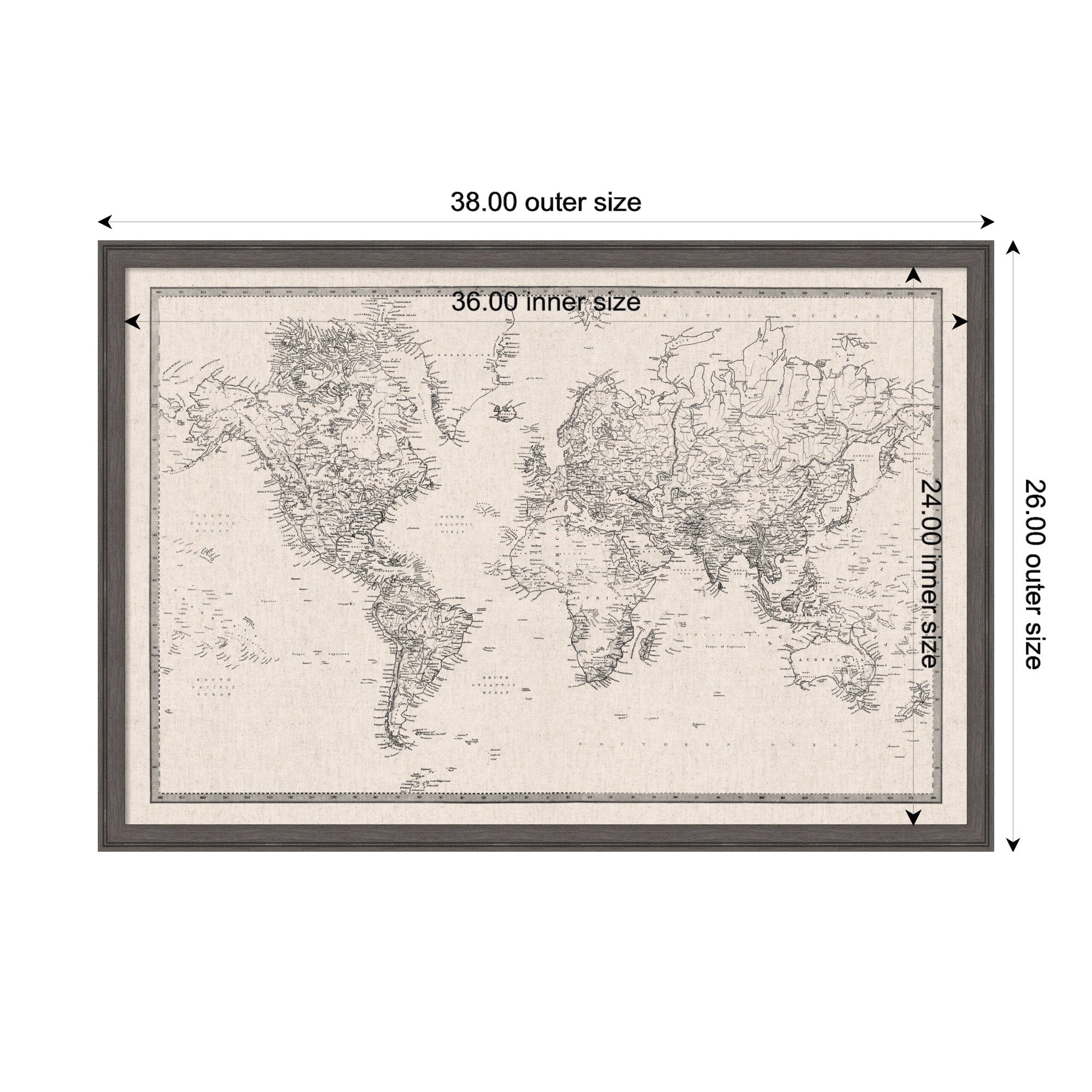 Framed Fabric Pinboard Vintage Black and White Linen World Map Wall Organization