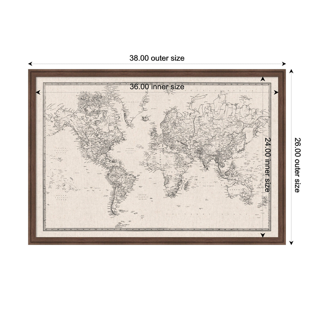 Framed Fabric Pinboard Vintage Black and White Linen World Map Wall Organization