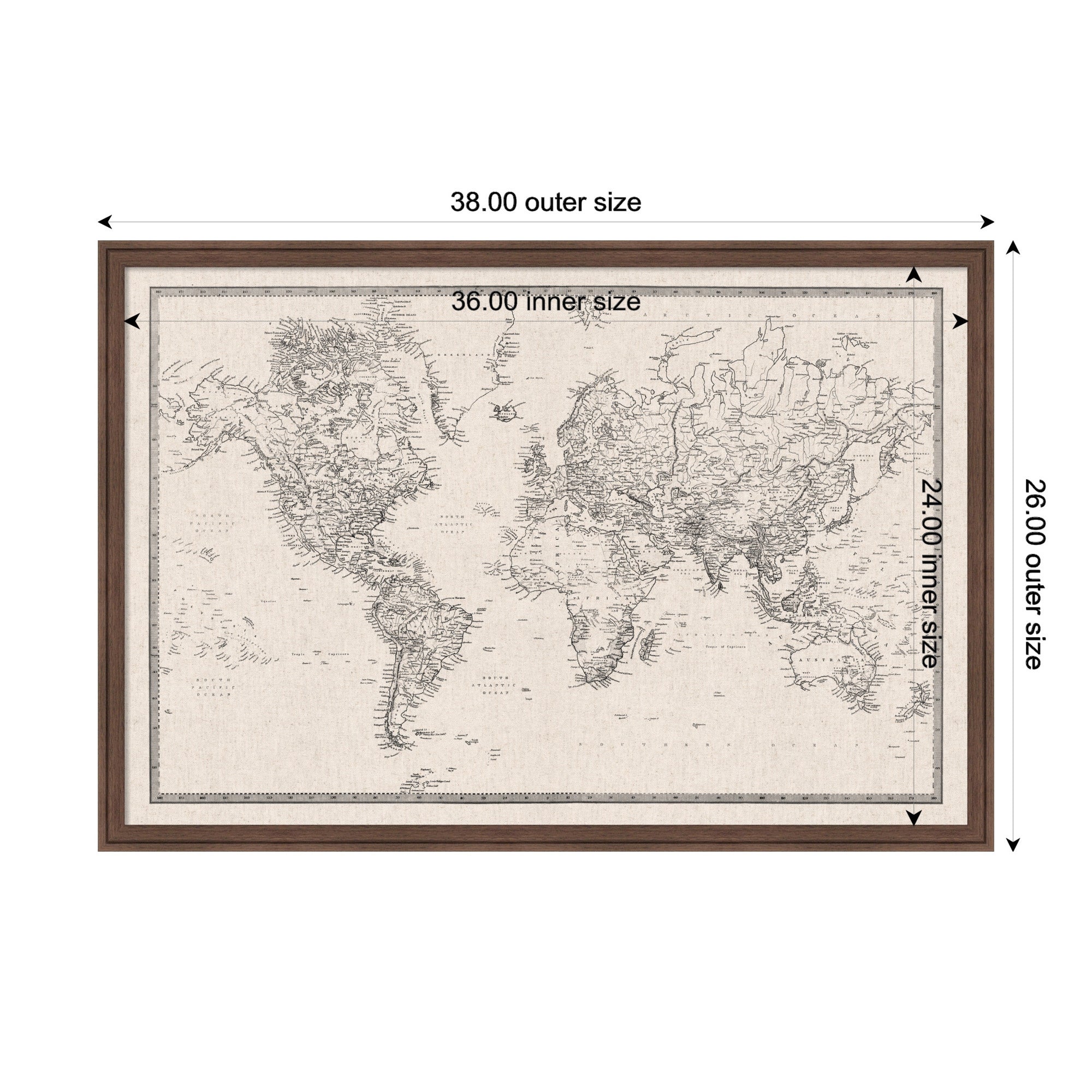Framed Fabric Pinboard Vintage Black and White Linen World Map Wall Organization