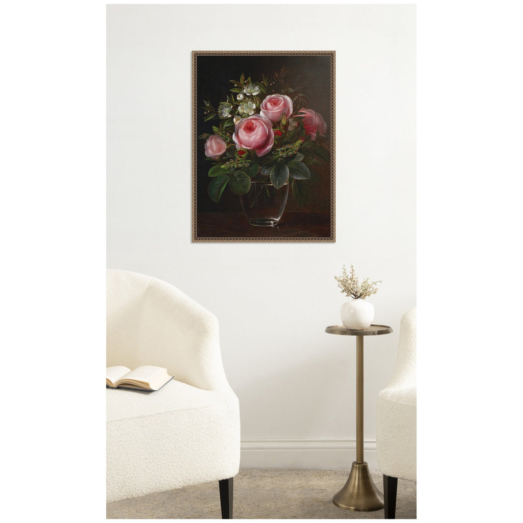 Roses and Tree Anemones in a Glass Vase by Johan Laurentz Jensen by Nostalgia Prints Framed Canvas Wall Art Print