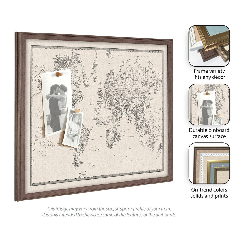 Framed Fabric Pinboard Vintage Black and White Linen World Map Wall Organization