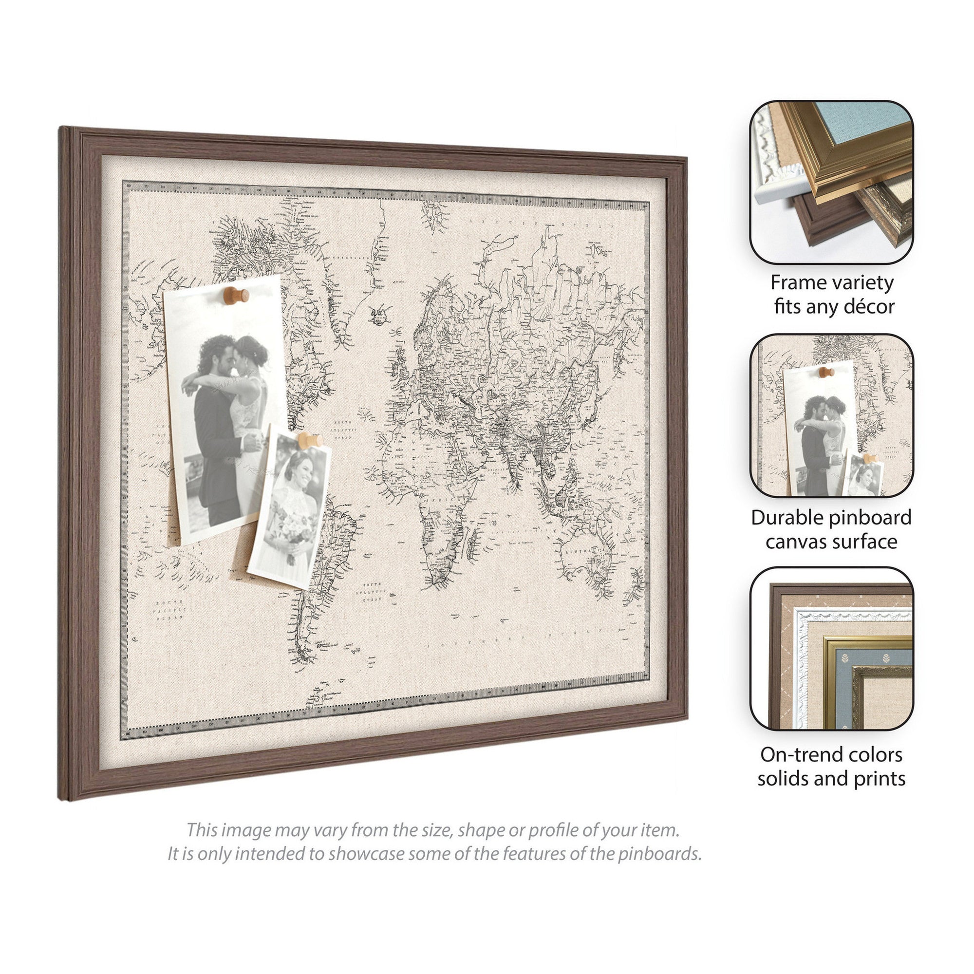 Framed Fabric Pinboard Vintage Black and White Linen World Map Wall Organization