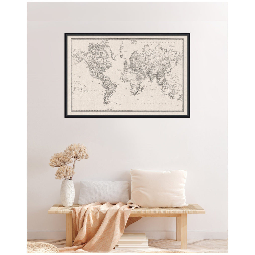 Framed Fabric Pinboard Vintage Black and White Linen World Map Wall Organization