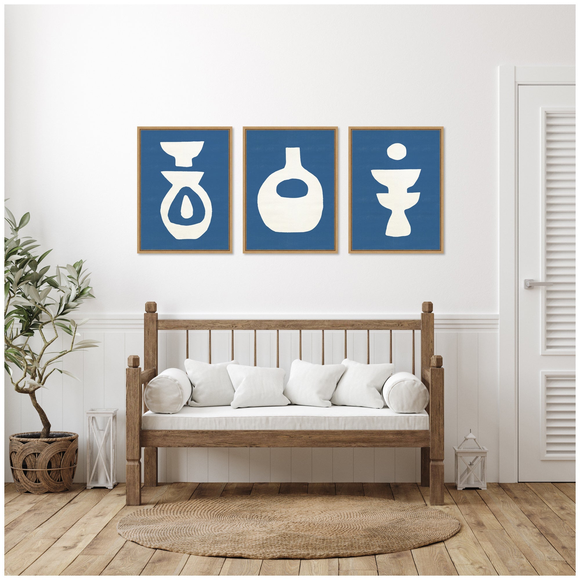 Sylvie Ceramic Blue Beige Abstracts Framed Canvas Art Set by Rocket Jack