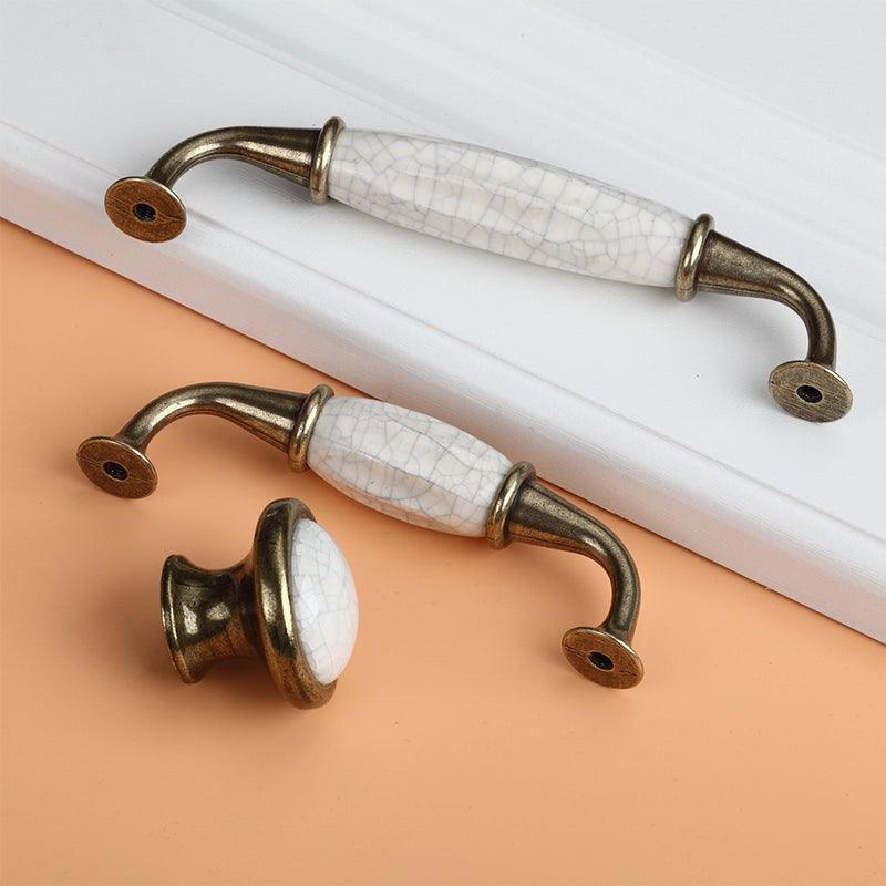 Antique Ceramic Cabinet Knobs & Pulls — White & Bronze