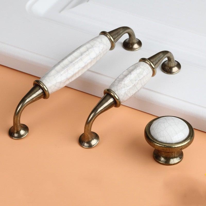 Antique Ceramic Cabinet Knobs & Pulls — White & Bronze
