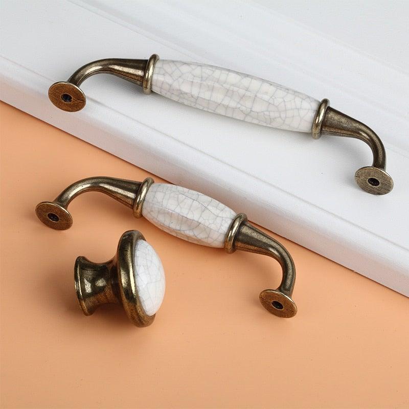 Antique Ceramic Cabinet Knobs & Pulls — White & Bronze