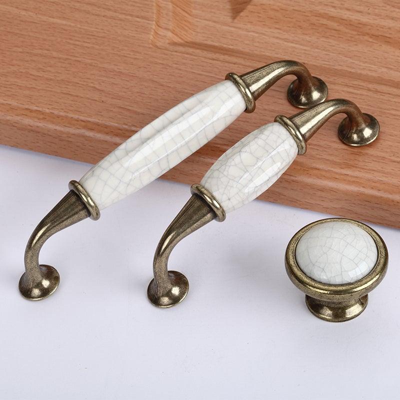 Antique Ceramic Cabinet Knobs & Pulls — White & Bronze