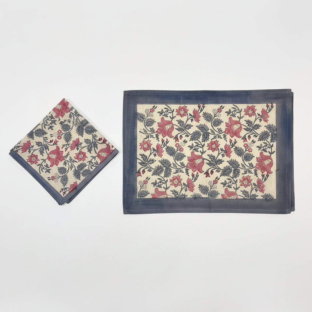 Antique Rose & Bluish Charcoal Hand Block Printed 13 pieces Table Linen Set