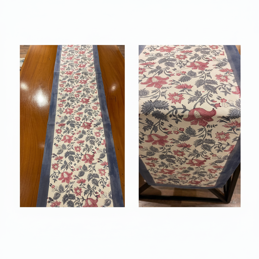 Antique Rose & Bluish Charcoal Hand Block Printed 13 pieces Table Linen Set