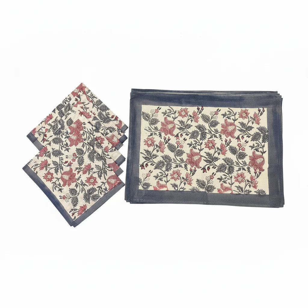 Antique Rose & Bluish Charcoal Hand Block Printed 13 pieces Table Linen Set