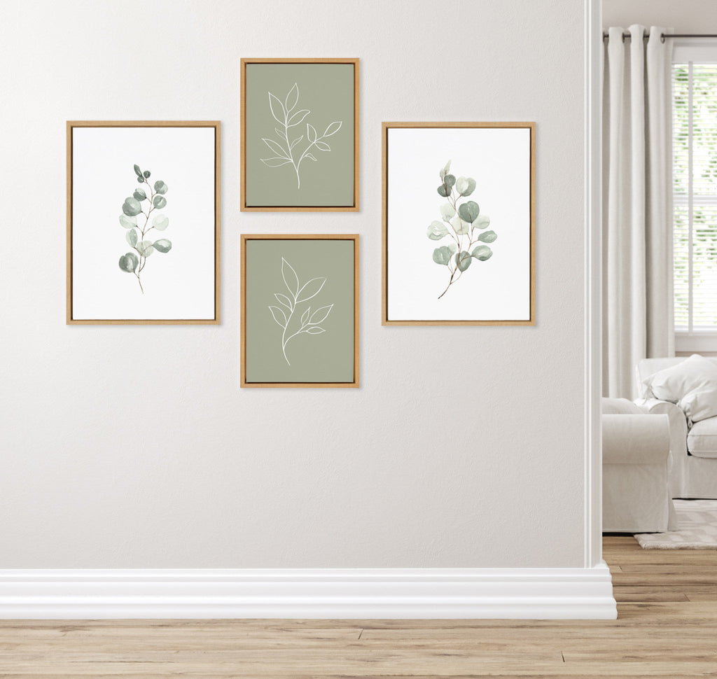 Sylvie Eucalyptus 4a, Eucalyptus 4b and Modern Sage Green Botanical Line Sketch Print 1 and 3 Framed Canvas Art Set by Various Artists