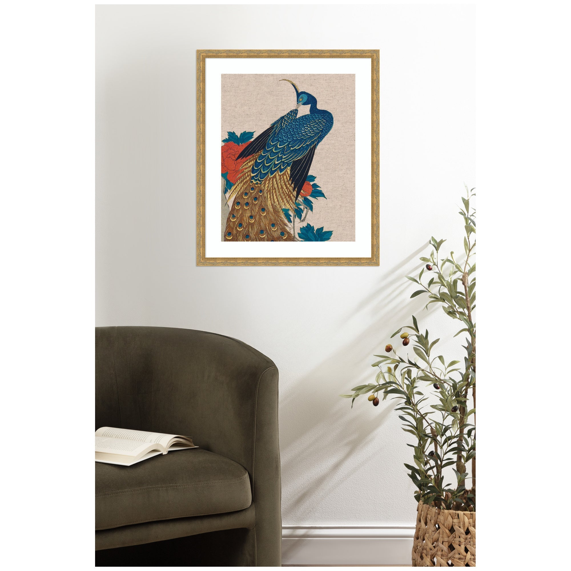 Framed Art Peacock and Peonies 1840 Utagawa Hiroshige Neutral Linen by The Art Institute of Chicago