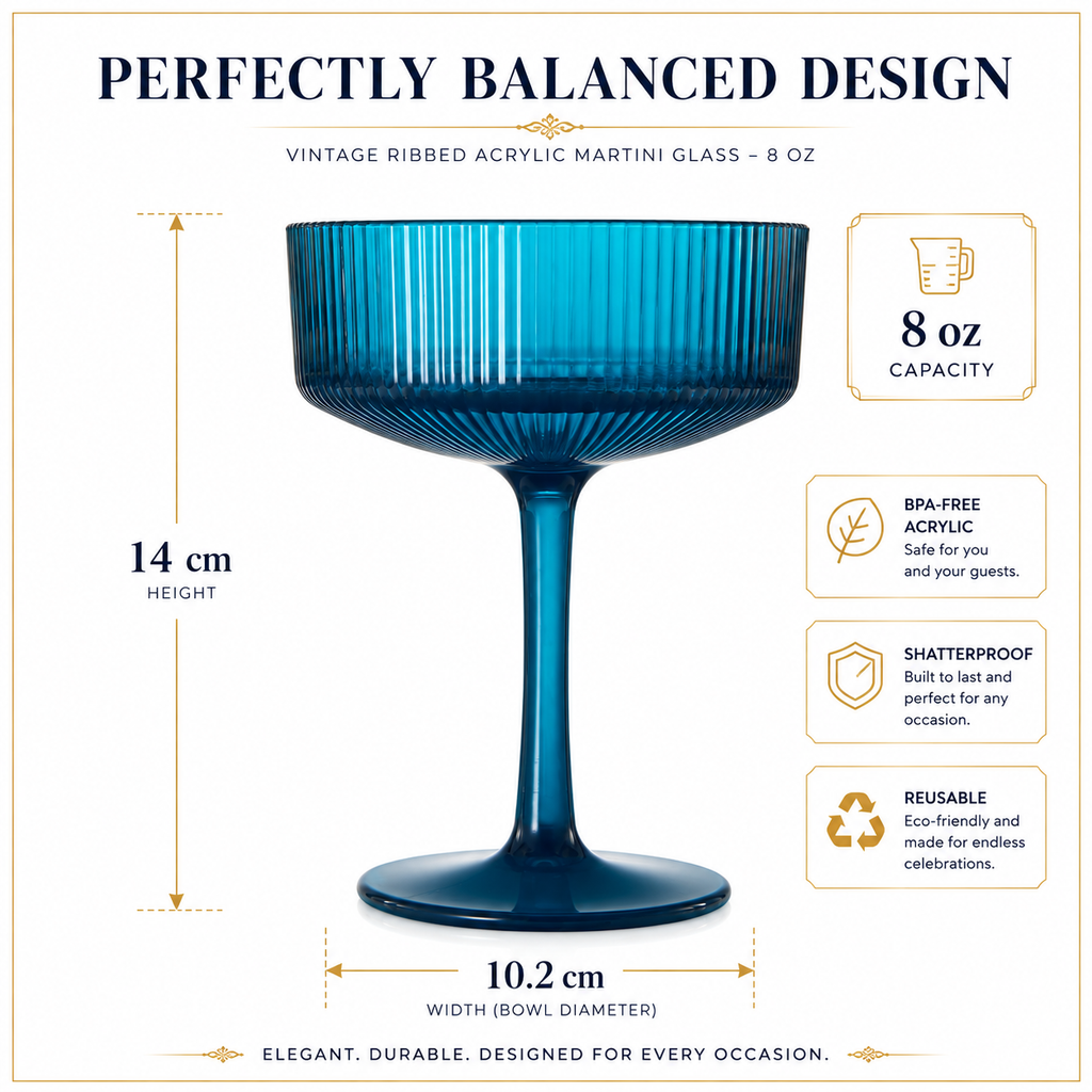 Eze Acrylic Ribbed Champagne Coupe, Cocktail Glassware, Set of 6