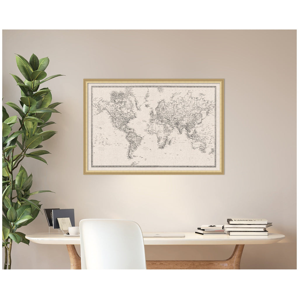 Framed Fabric Pinboard Vintage Black and White Linen World Map Wall Organization