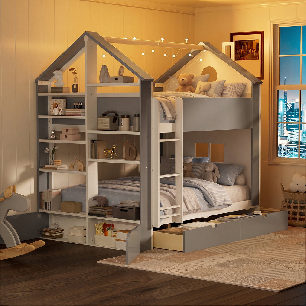 Full Size Bunk Bed with Storage Drawers & Shelves