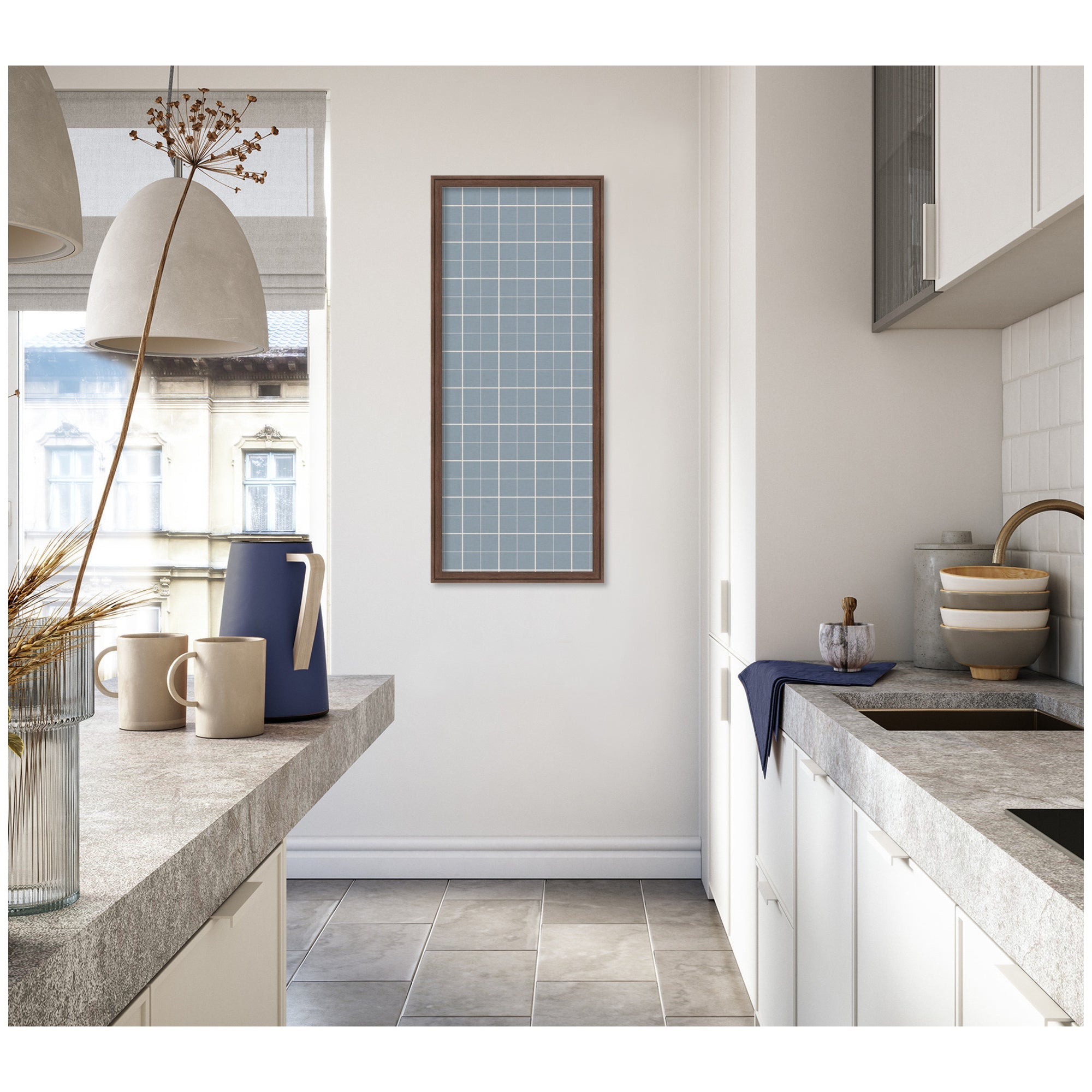 Framed Fabric Pinboard Light Blue Plaid Wall Organization
