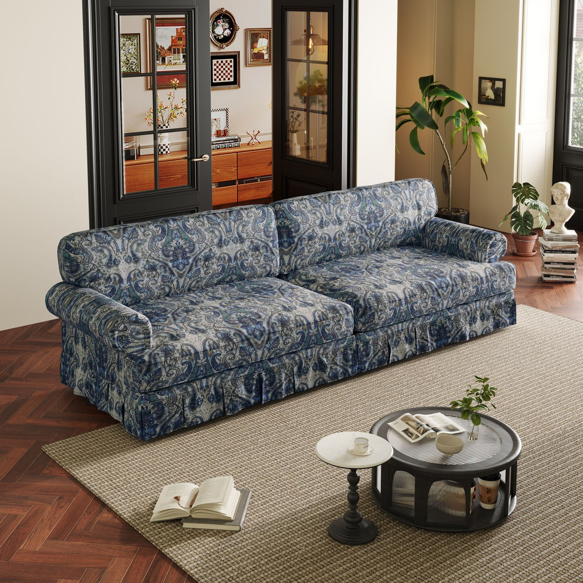 Rolled-Arm Cloud Sofa with Pleated Skirt