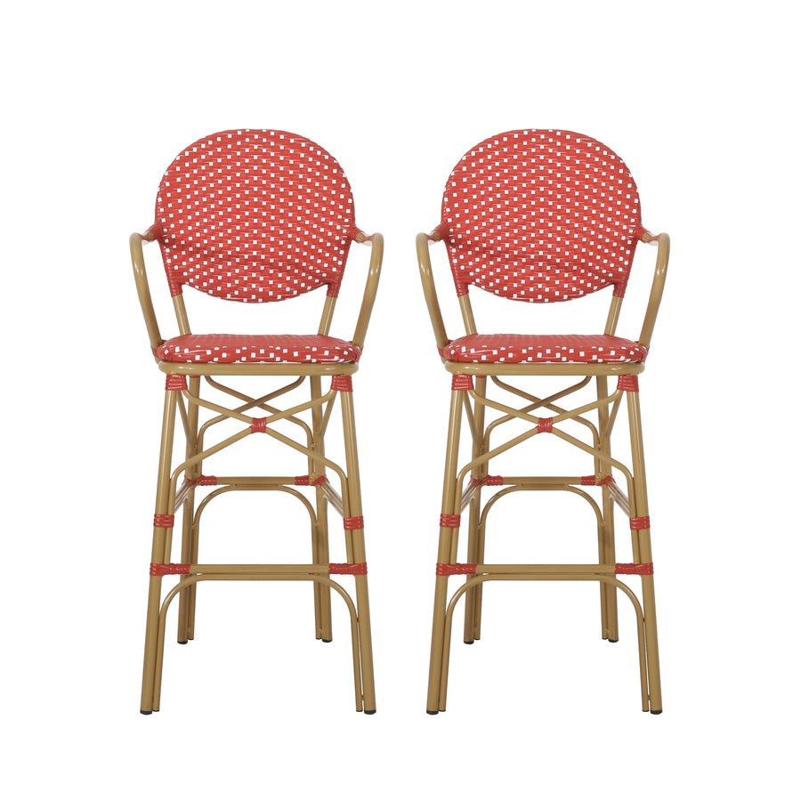 Outdoor Wicker and Aluminum French Barstools, Set of 2