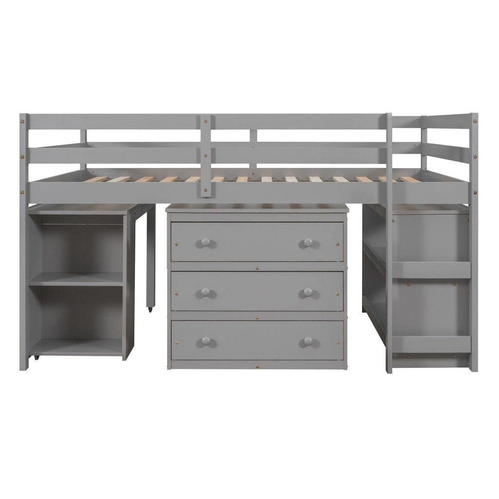 Loft Low Study Bed With Cabinet, Shelves And Rolling Portable Desk, Multiple Functions