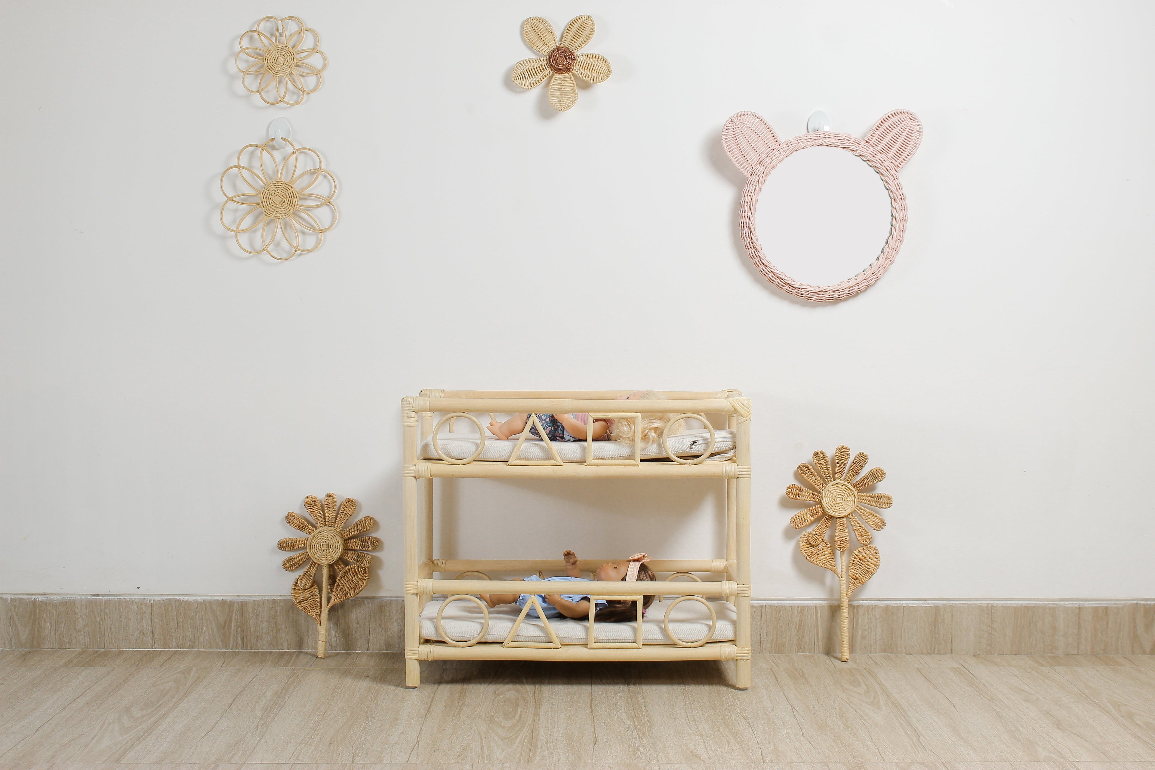 Pink Rattan Teddy Bear Wall Mirror