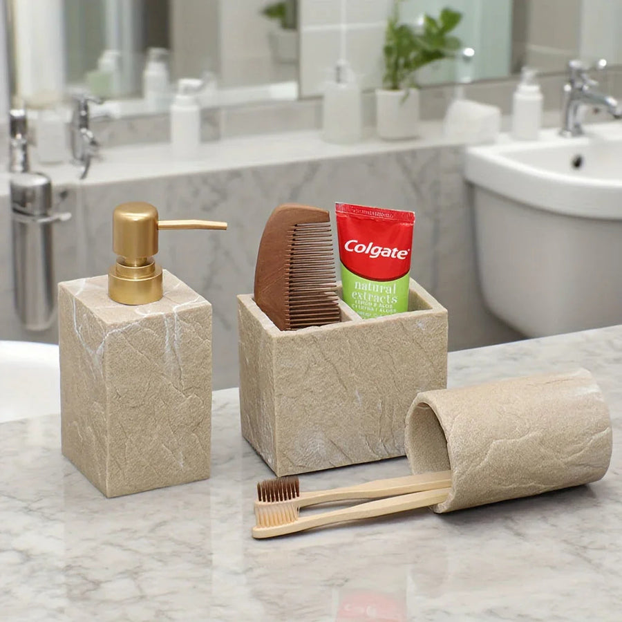 Creamy Beige Stone Bathroom Essentials