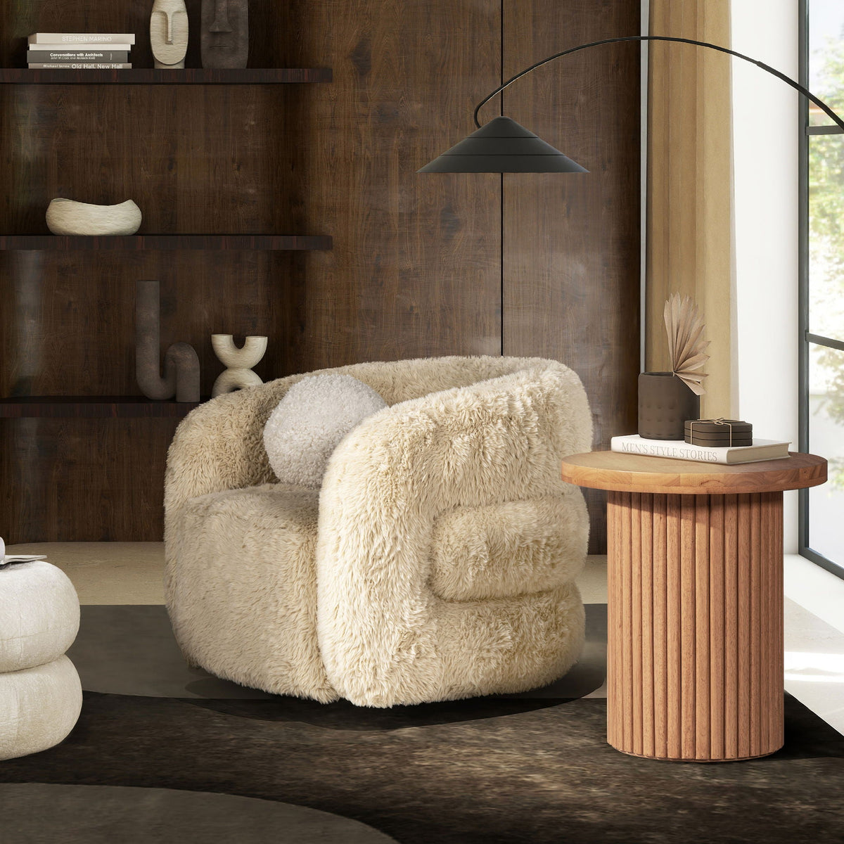 Colt Faux-Fur Swivel Barrel Chair — Cream