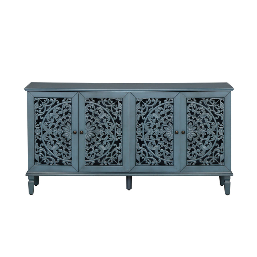 60" Antique Buffet Cabinet with Floral Carvings and Adjustable Shelves