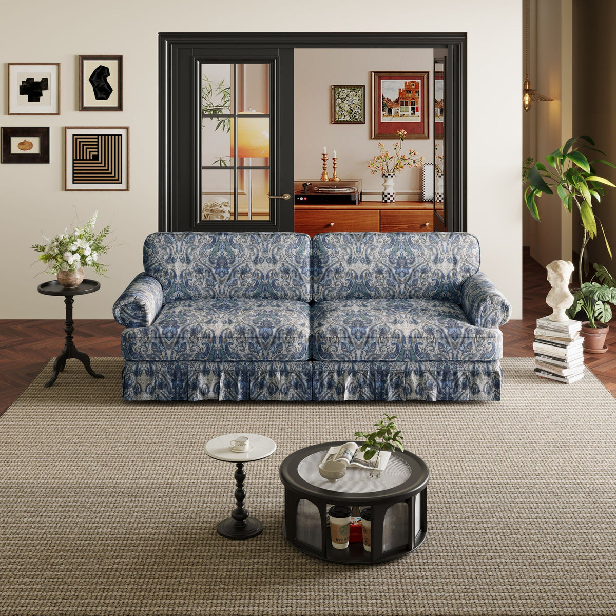 Rolled-Arm Cloud Sofa with Pleated Skirt