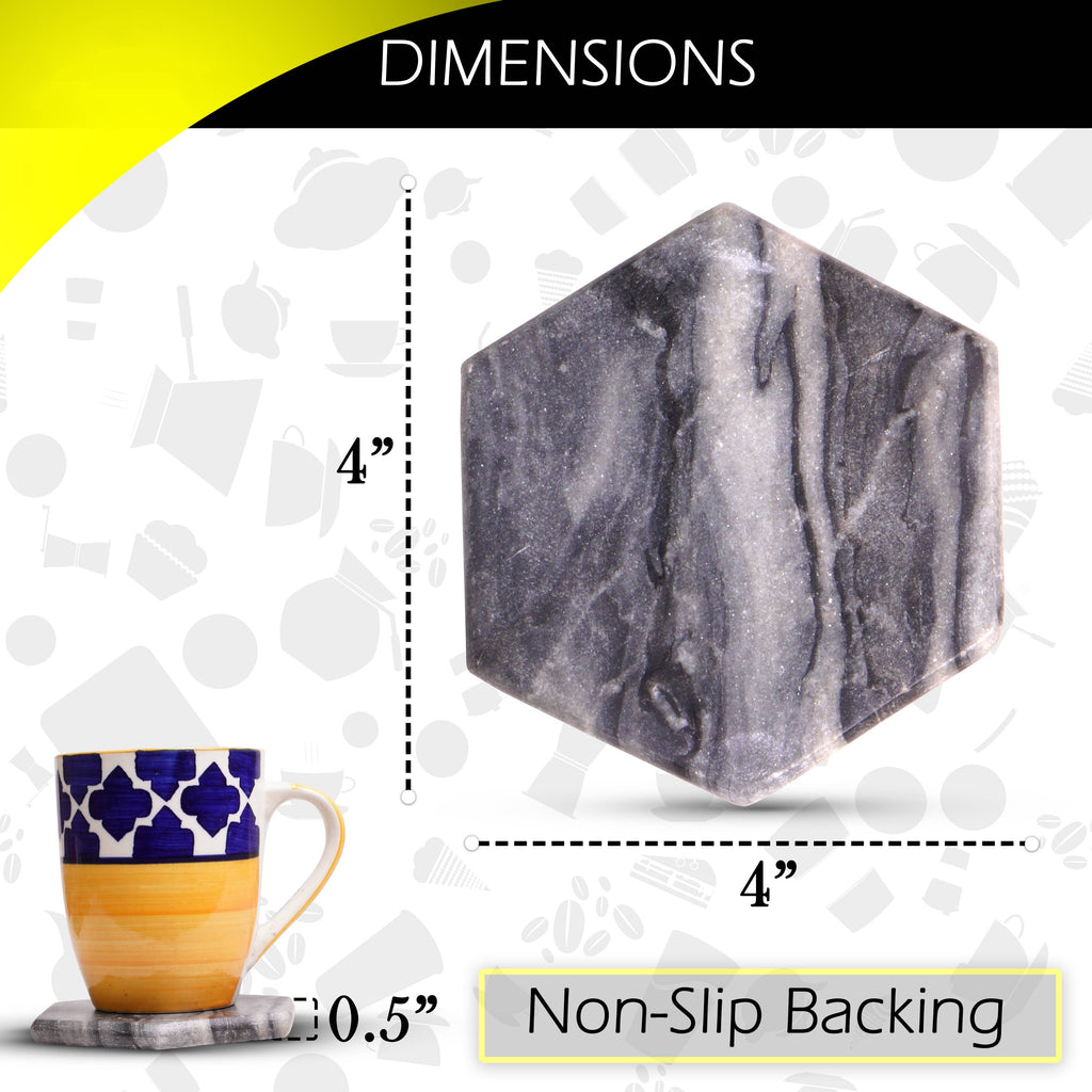 Coaster Set of 4 in Black Marble - Hexagon Shape - 4" x 4