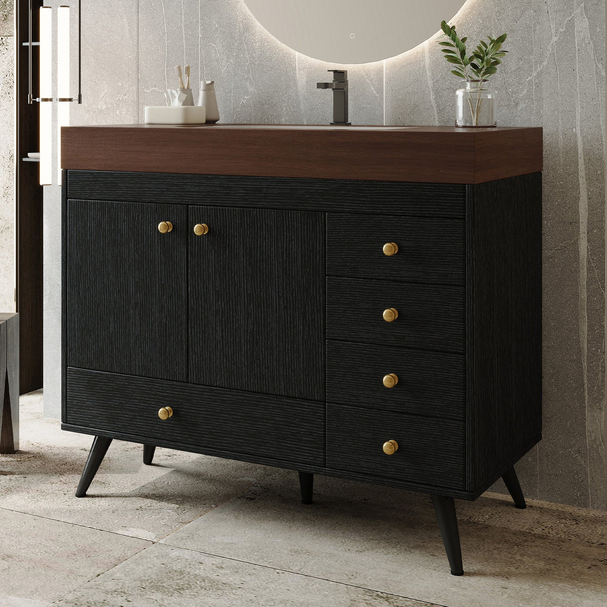 36" Freestanding Bathroom Vanity with Faux Marble Top, Ceramic Sink, 5 Drawers & Stainless Steel Legs