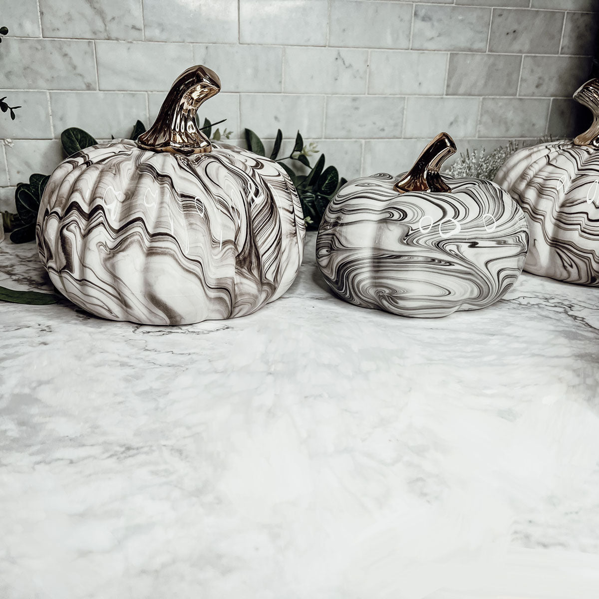 Black Marble Pumpkin with Gold Stem