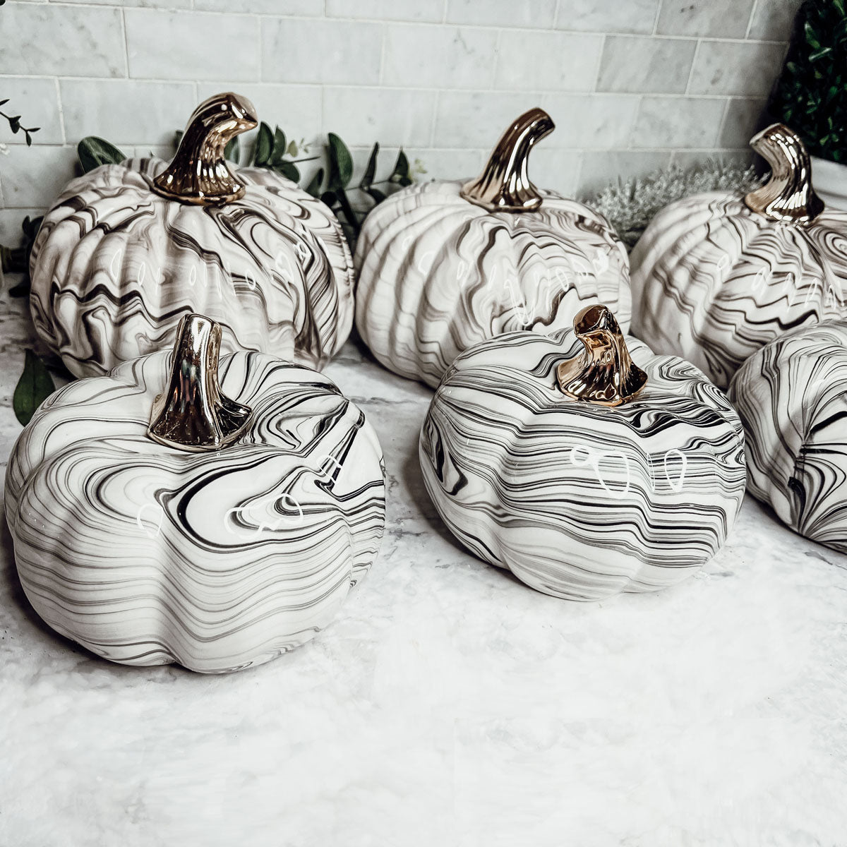 Black Marble Pumpkin with Gold Stem