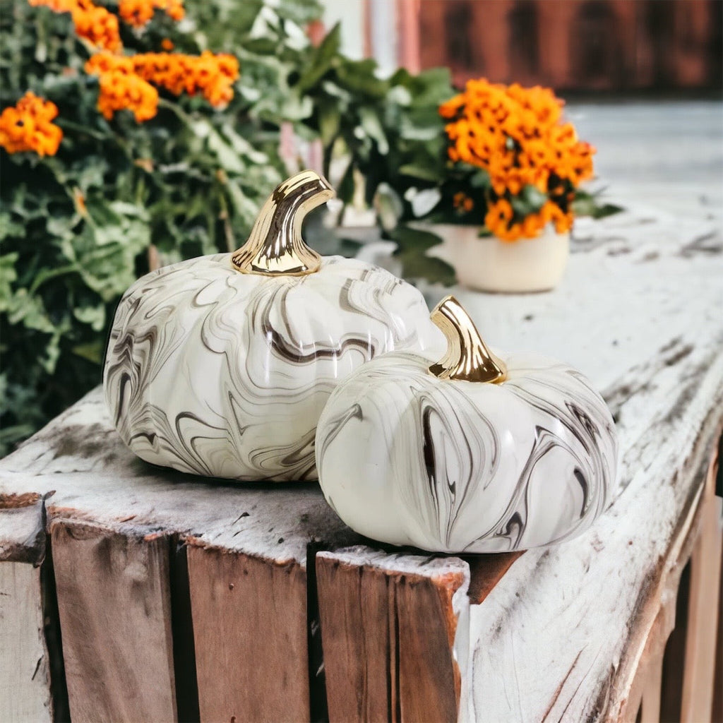 Black Marble Pumpkin with Gold Stem
