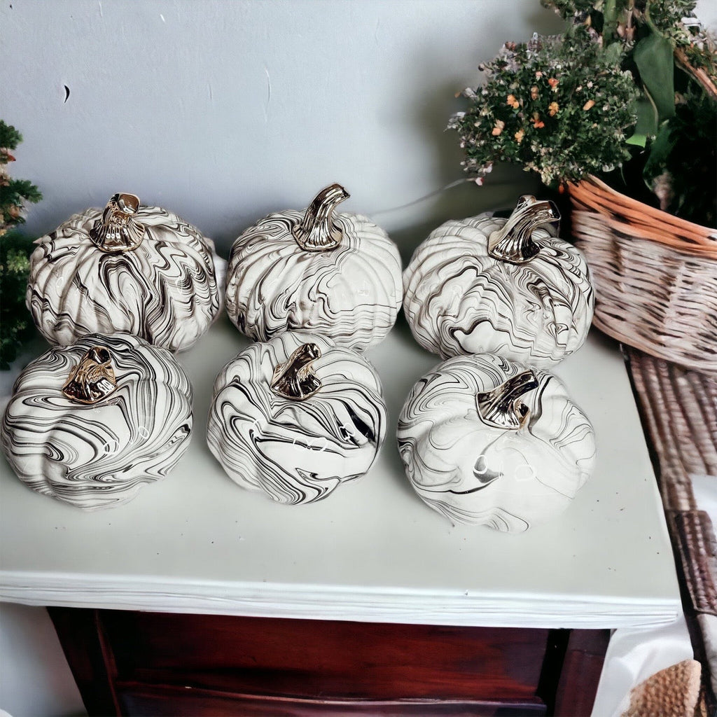 Black Marble Pumpkin with Gold Stem