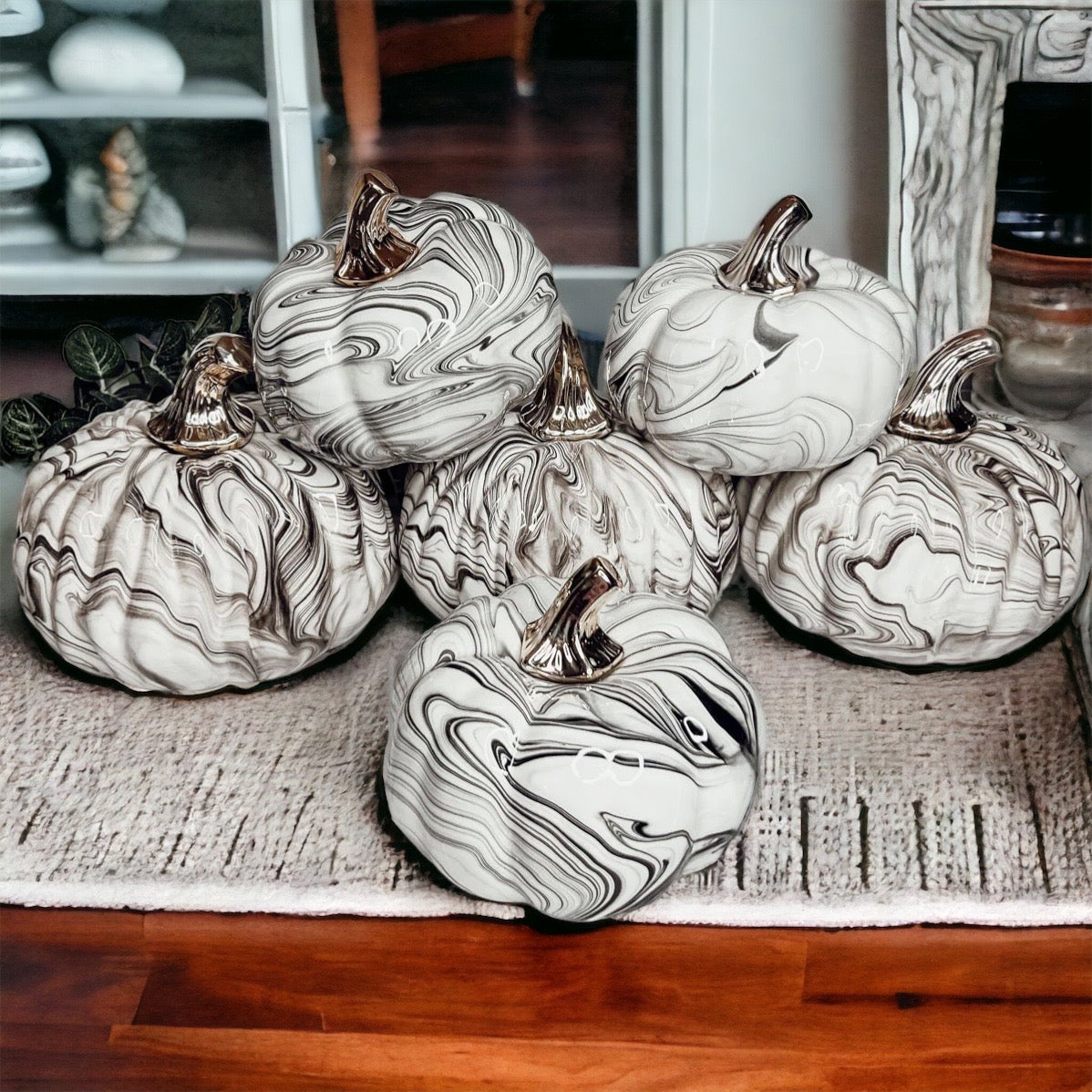 Black Marble Pumpkin with Gold Stem