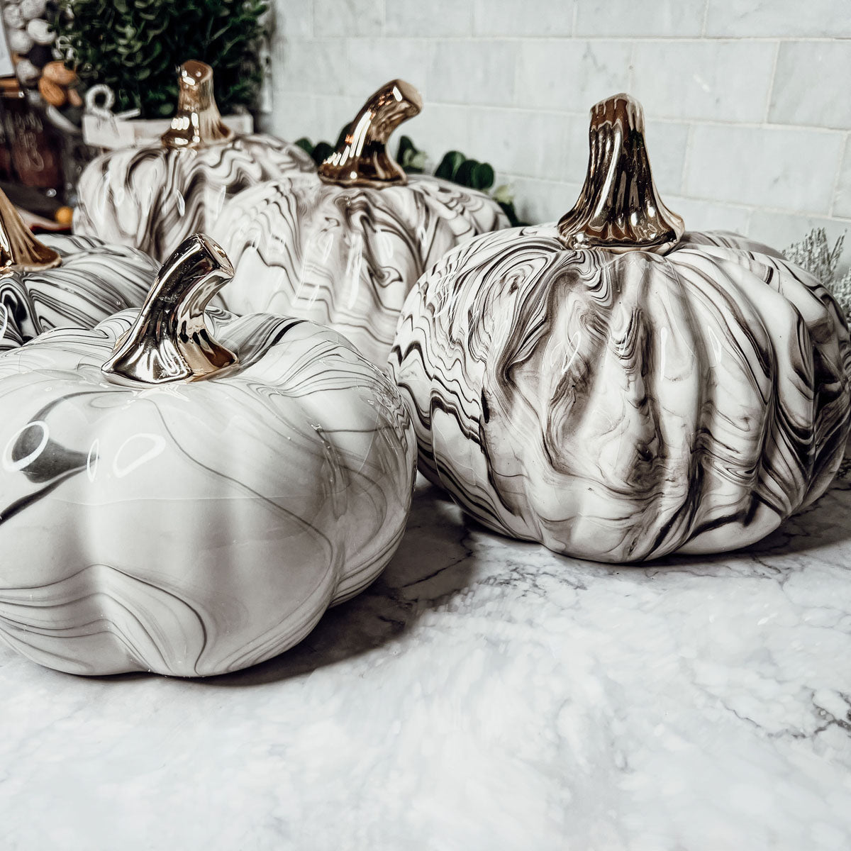 Black Marble Pumpkin with Gold Stem