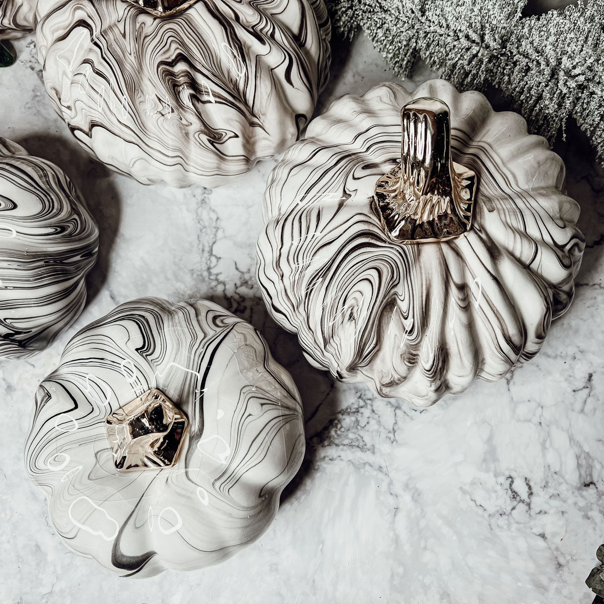 Black Marble Pumpkin with Gold Stem