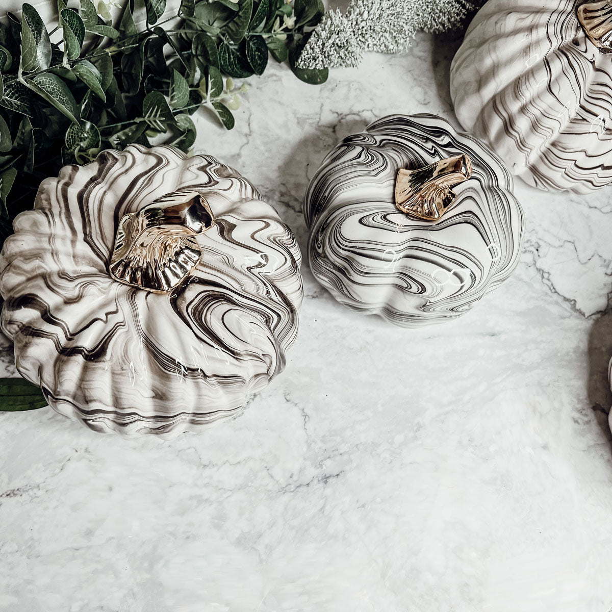 Black Marble Pumpkin with Gold Stem