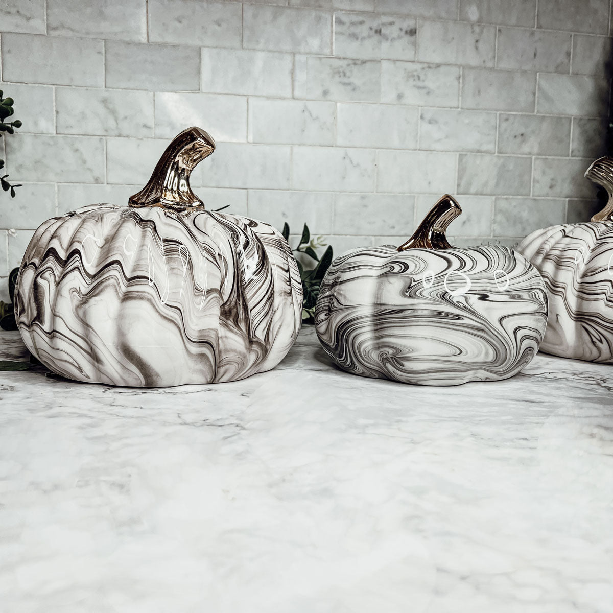 Black Marble Pumpkin with Gold Stem